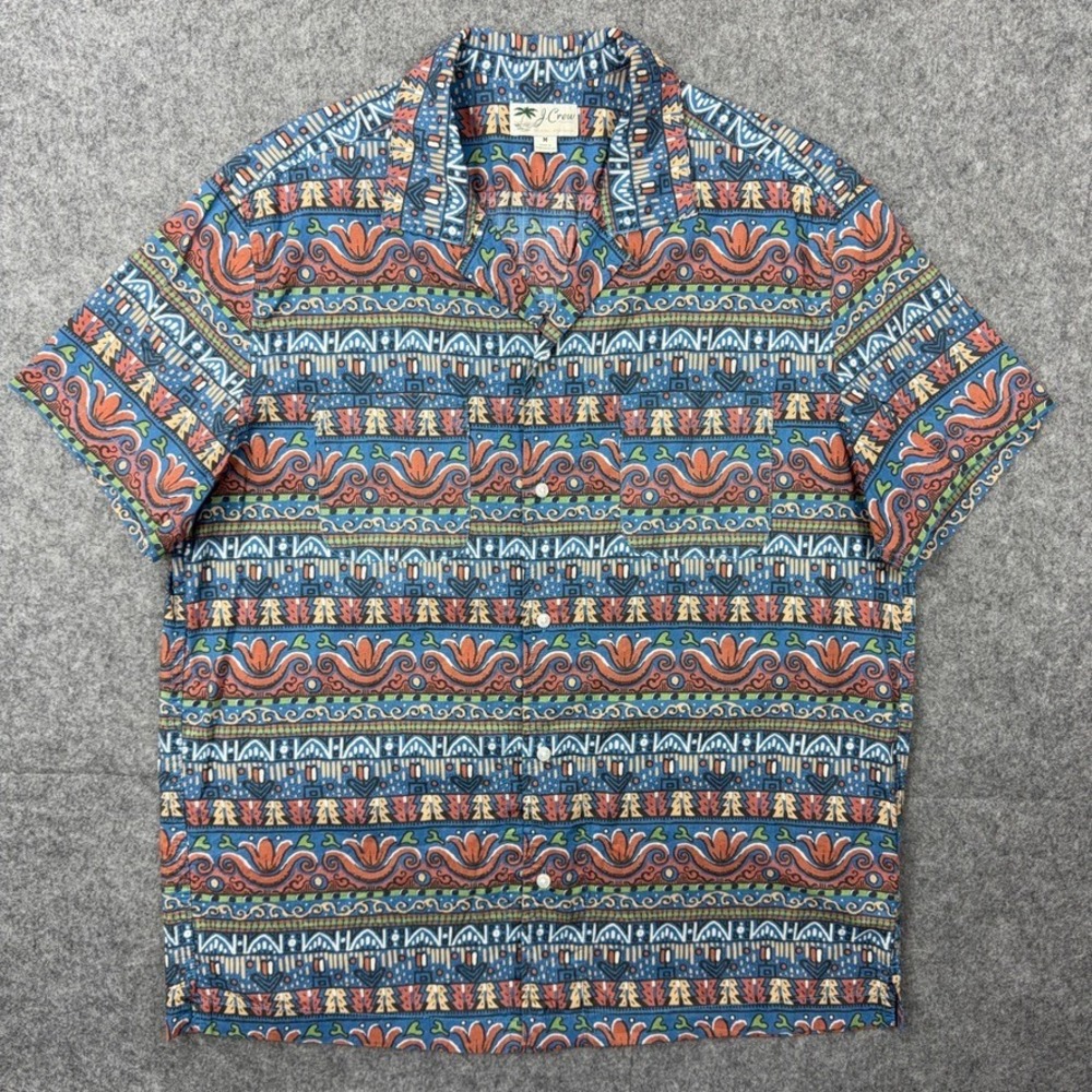 J.Crew Shirt Mens Medium Blue Tribal Geometric Print Cotton Camp Summer Beach - Picture 2 of 13